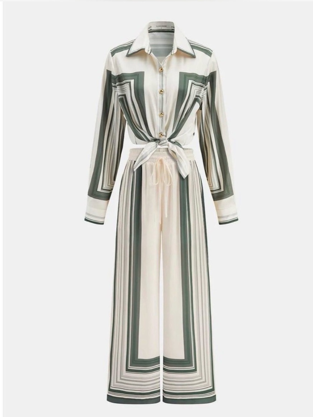 Commense  Green Geometric Print Shirt & Wide Leg Pants Set